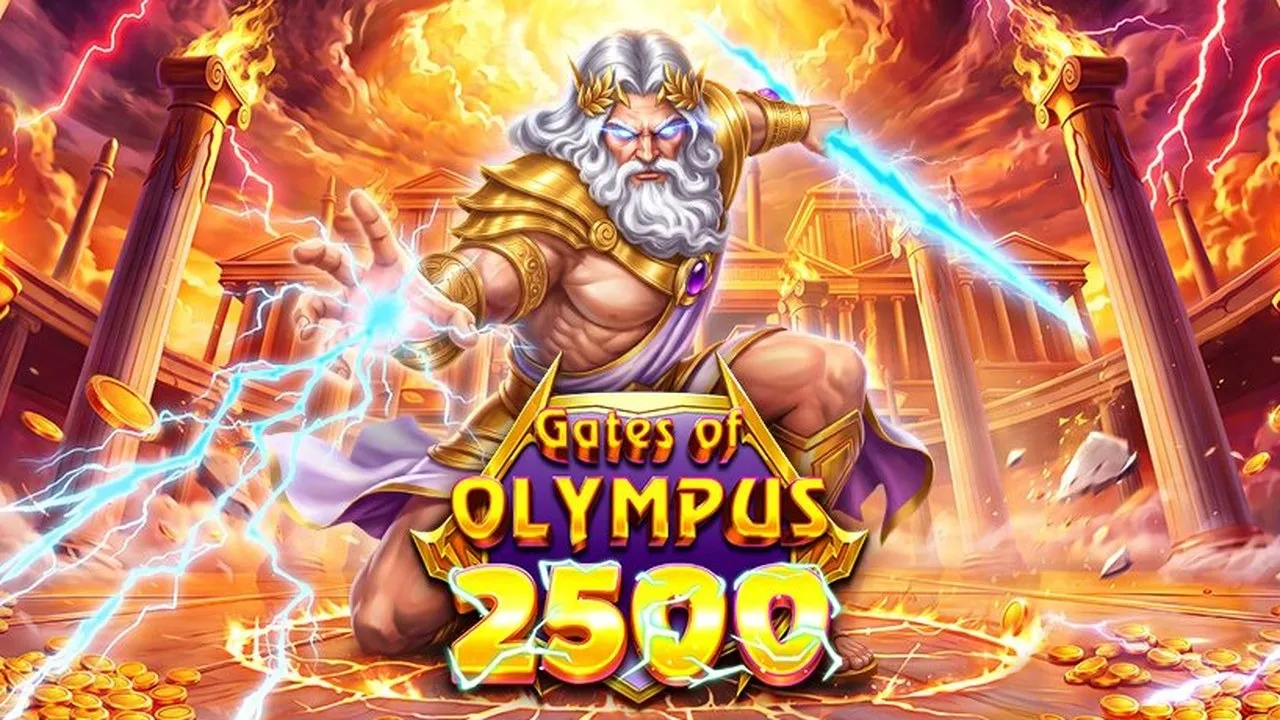 Gates of Olympus 2500 key art: Zeus throwing lightning above the game logo and piles of gold coins