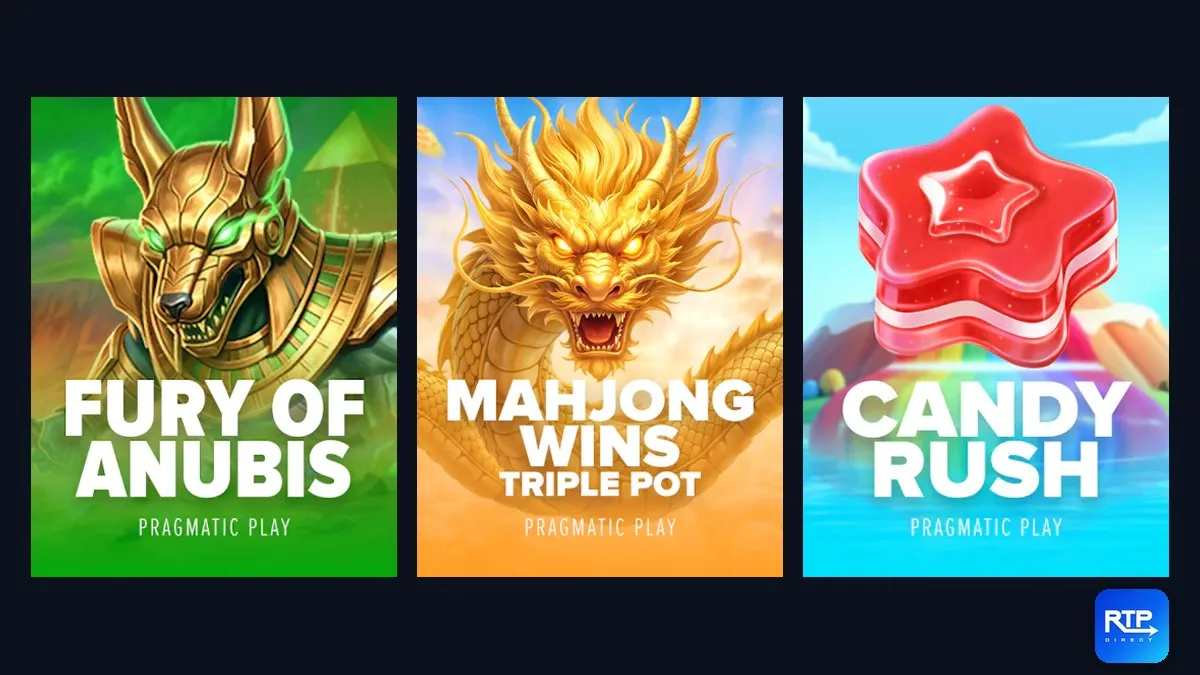 Game art from Pragmatic Play slots Fury of Anubis, Mahjong Wins Triple Pot and Candy Rush